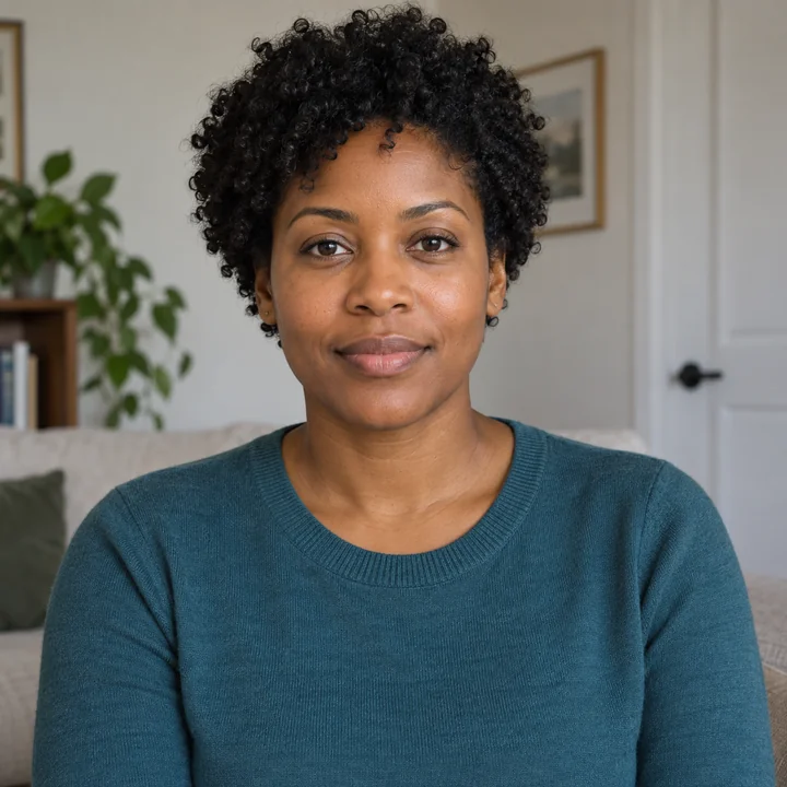 Fictional adult woman with short curly hair wearing a teal sweater