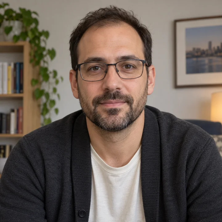 Fictional adult man wearing glasses and a dark cardigan